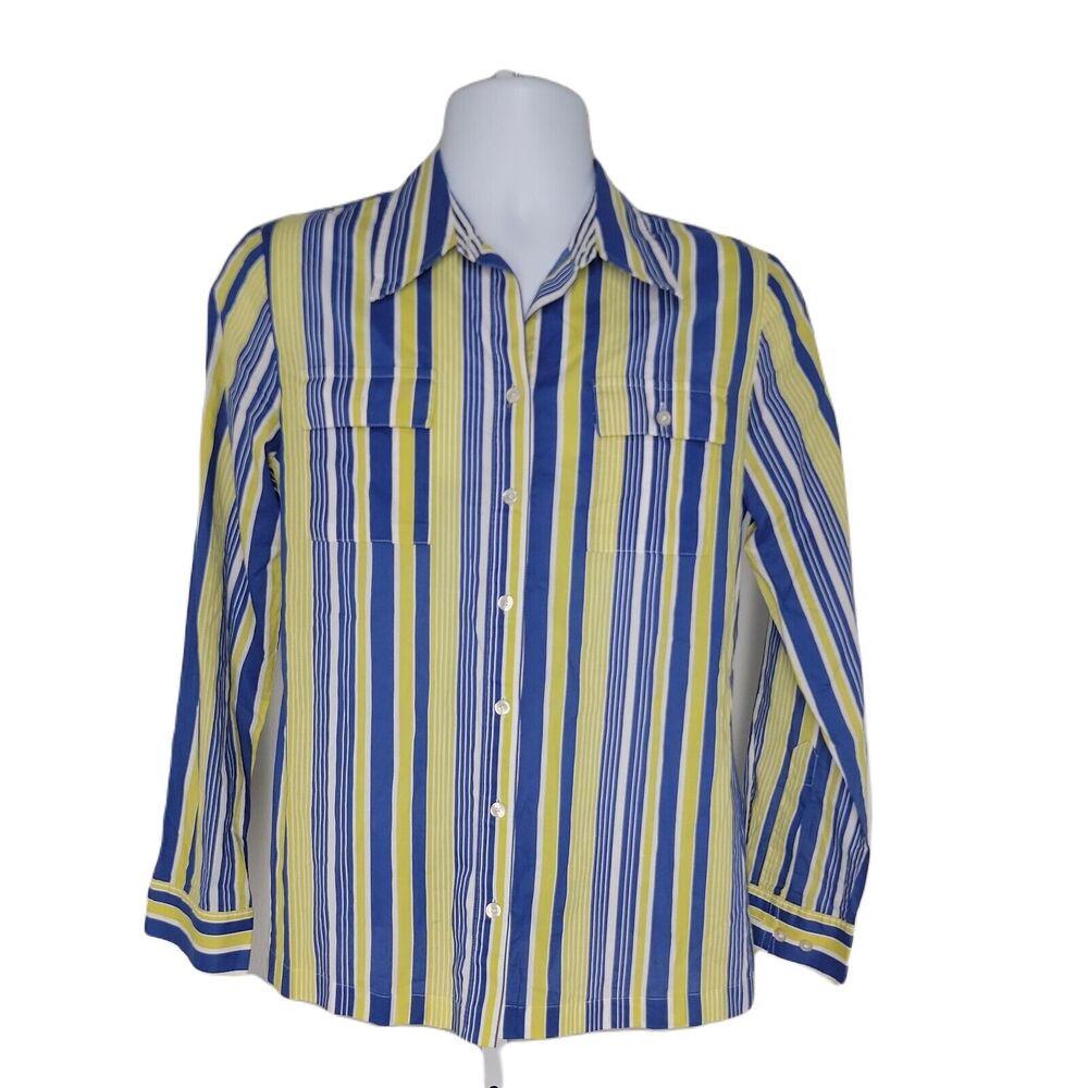 Jones New York Button Up Classy Shirt ~ Sz M ~ Blue & Yellow ~ Striped